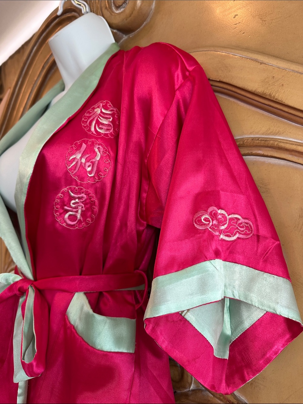Pink Reversible Kids Kimono Robe with Mint Trim - Elegant Lounge Robe - Picture 2 of 12